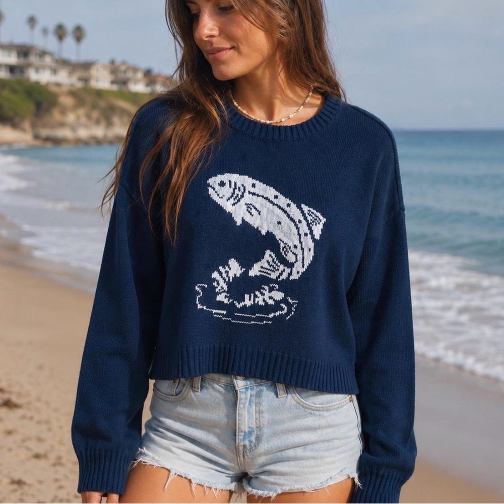 Hollister fish sweater Navy blue Crewneck knit Sweater size XS